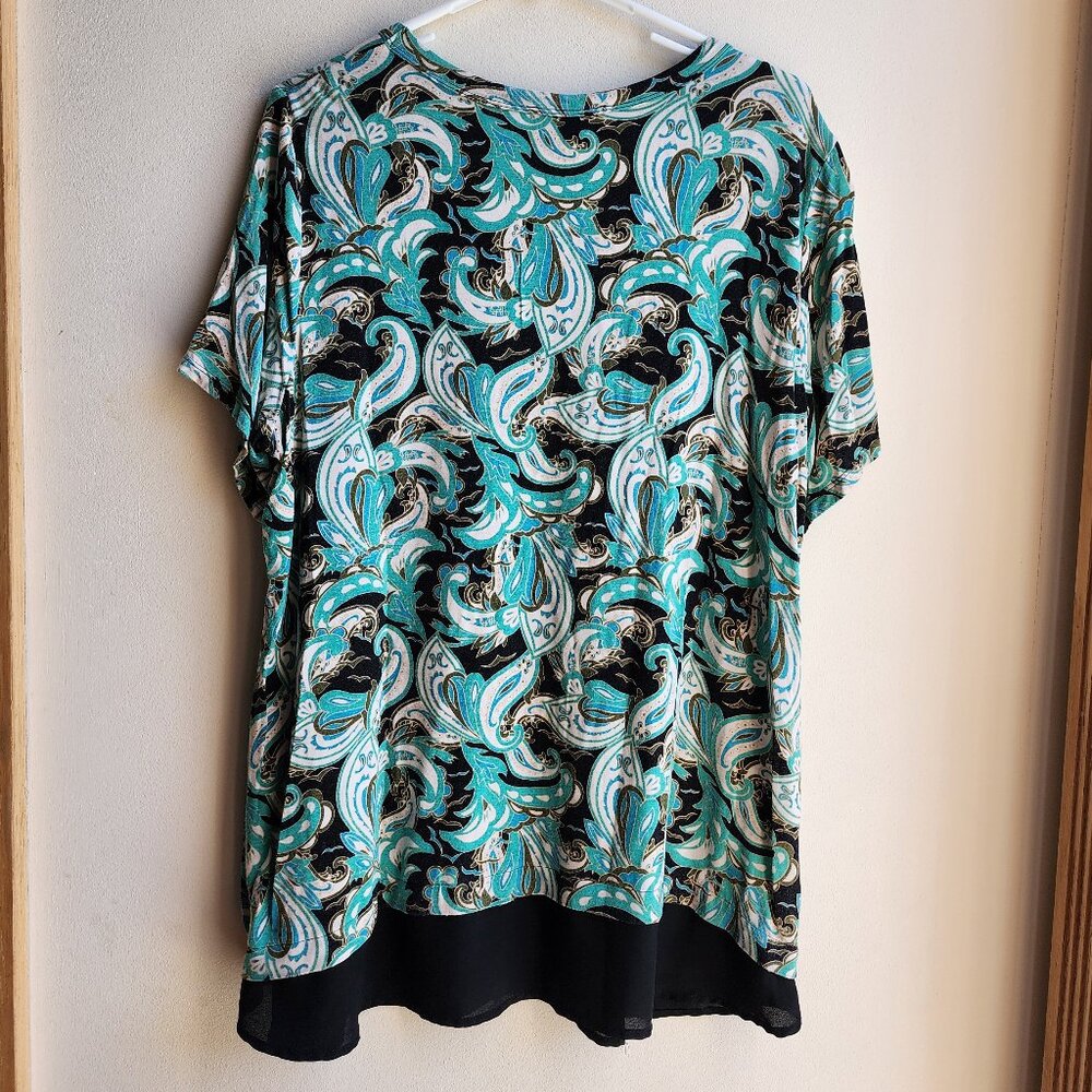 Rose & Olive Turquoise/Black Paisley Scoop Neck Jersey Size 1X
